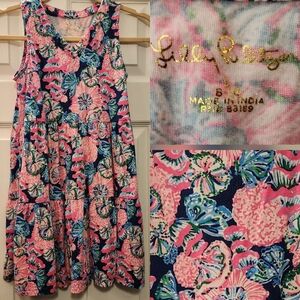 Lilly Pulitzer Girls V-Neck Tiered Dress • Fan Sea Pants Print • M